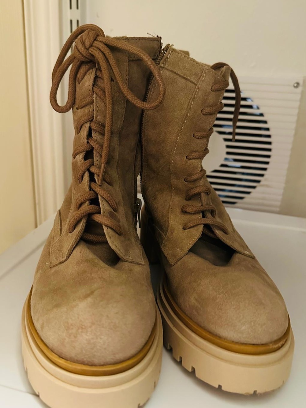 Blowfish Beige Suede Ankle Boots with Lace Detail